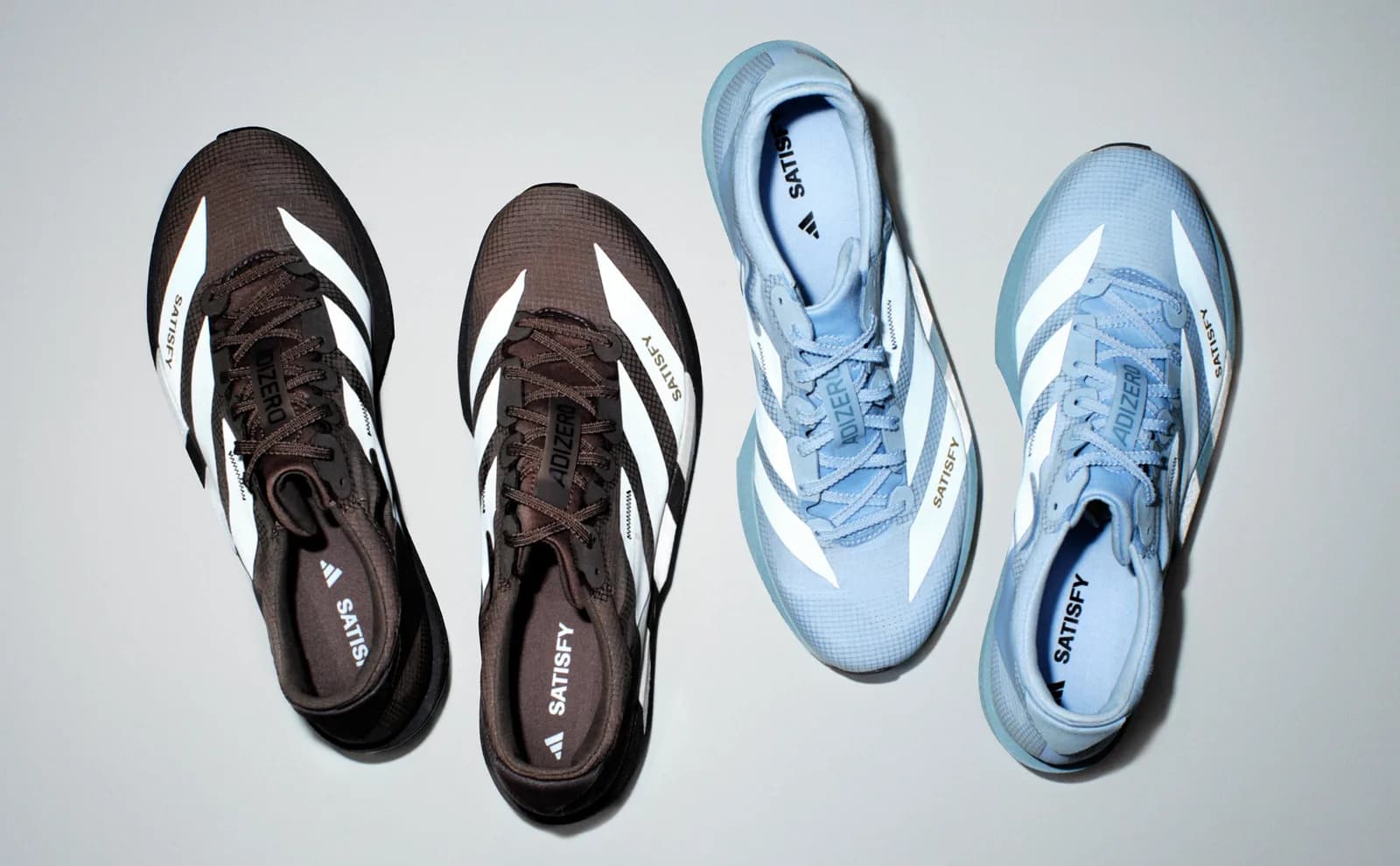 adidas × SATISFY Adizero Adios SATISFY, Tech Earth and Easy Blue