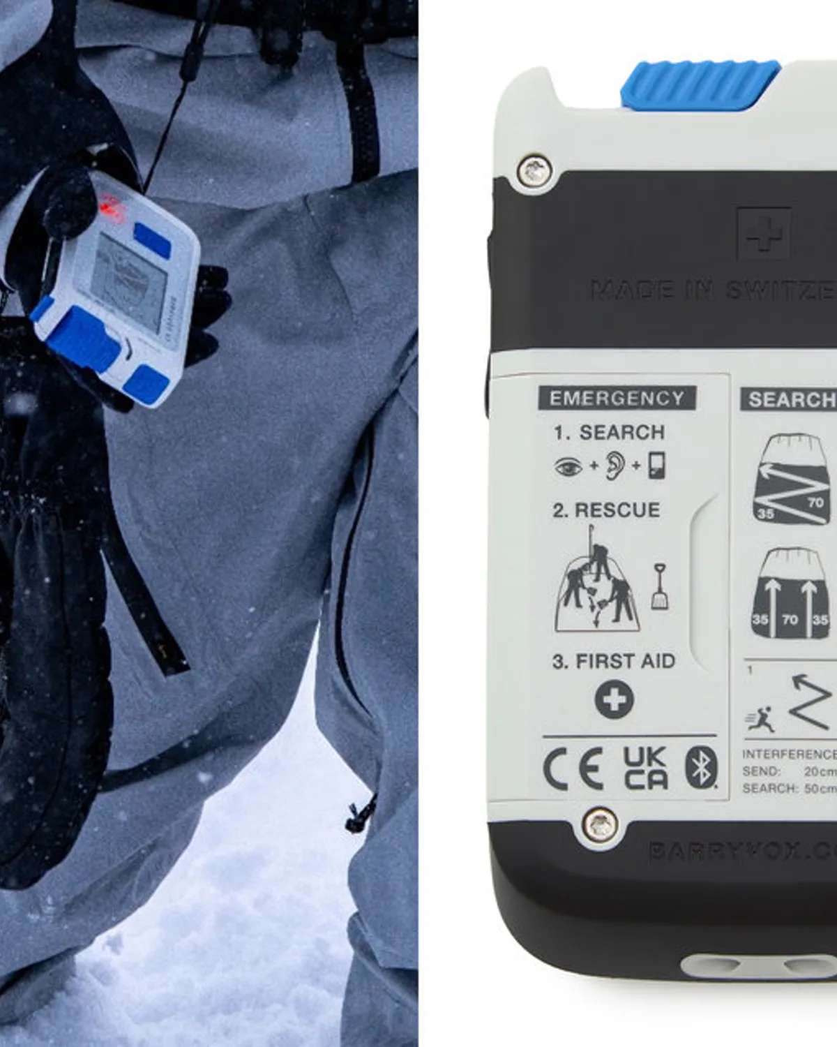 Barryvox S2 FRGMT Edition on the chest harness, reverse with search diagram
