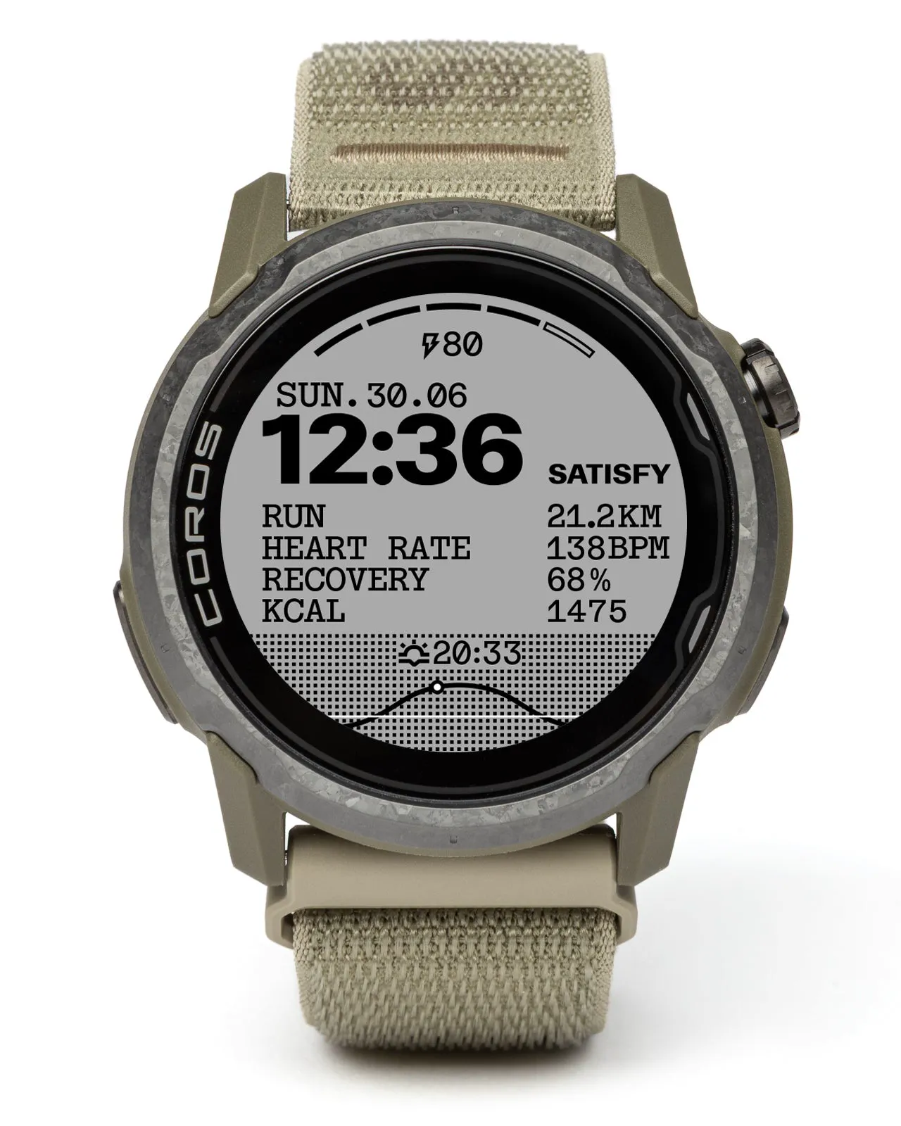 Apex 4 three-quarter view on khaki nylon band